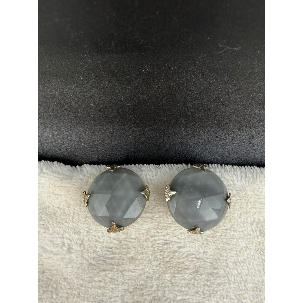 Vintage Vogue Clip On Earrings Gray Faceted Round Silver Tone Mid Century